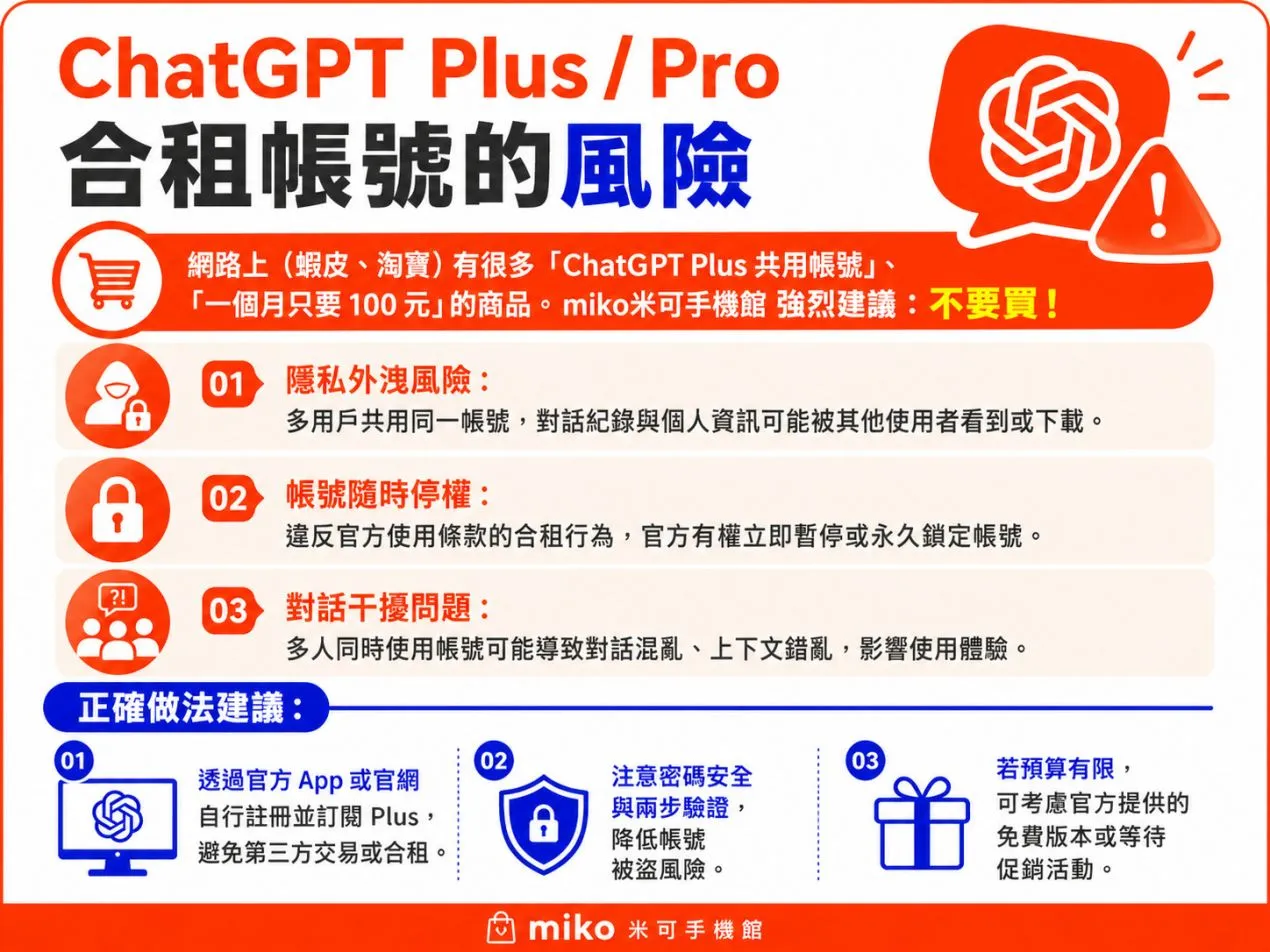 ChatGPT合租帳號的風險 ChatGPT合租帳號的風險