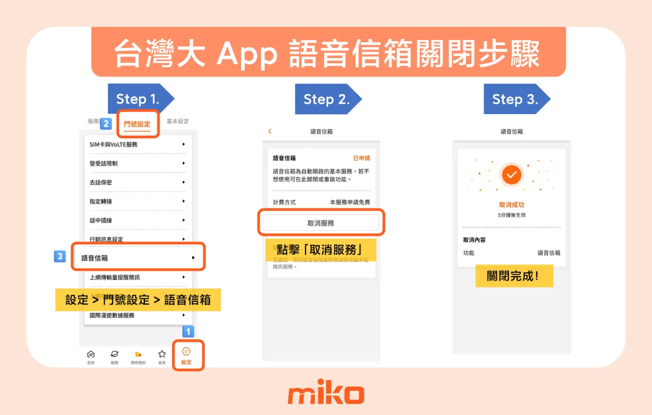 台灣大哥大關閉語音信箱，圖解步驟1~3