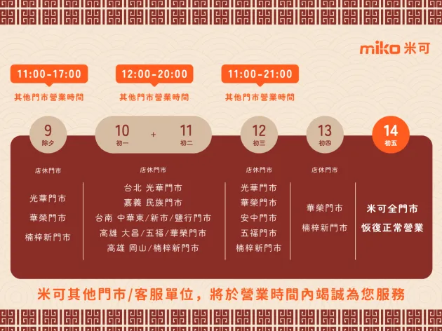 miko米可過年期間 營業時間調整公告