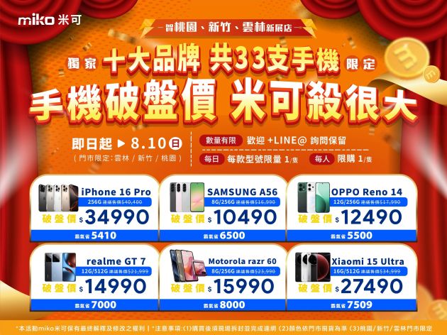 【米可慶開幕】桃園/新竹/雲林鄉親站出來！十大品牌 共33支手機低於破盤價！(即日起~8/10)
