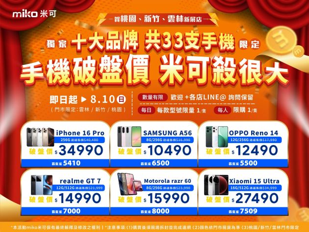 【米可慶開幕】桃園/新竹/雲林鄉親站出來！十大品牌 共33支手機低於破盤價！(即日起~8/10)