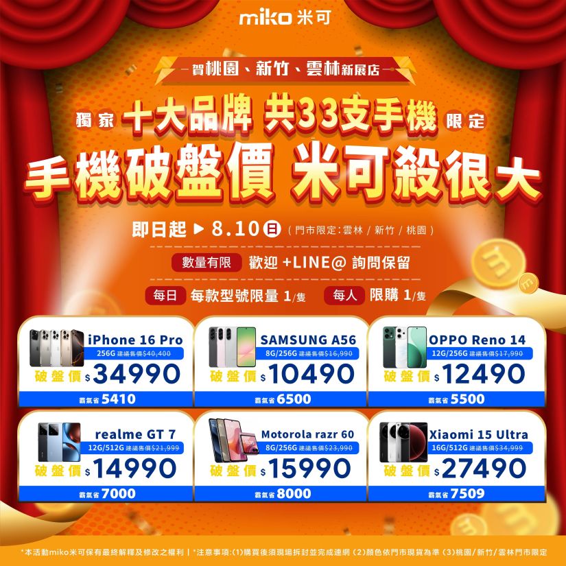 【米可慶開幕】桃園/新竹/雲林鄉親站出來！十大品牌 共33支手機低於破盤價！(即日起~8/10)
