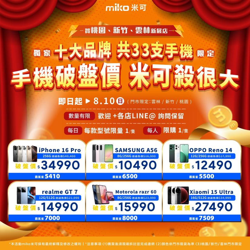 【米可慶開幕】桃園/新竹/雲林鄉親站出來！十大品牌 共33支手機低於破盤價！(即日起~8/10)